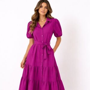 Stunning Magenta Dress Puff Sleeve Belted Feminine Chic Size S
